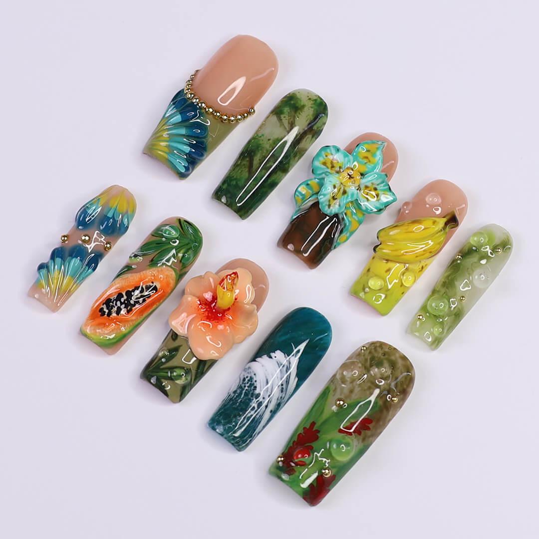 Tropical Fruit and Raised Flower Press-On Nails in Green, Teal, and Peach