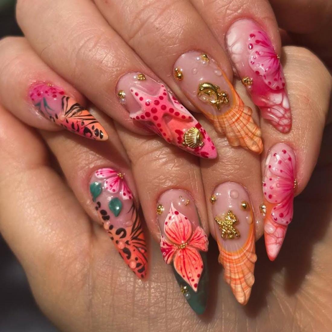 Tropical Hibiscus and Shell Press On Nails with 3D Starfish Details
