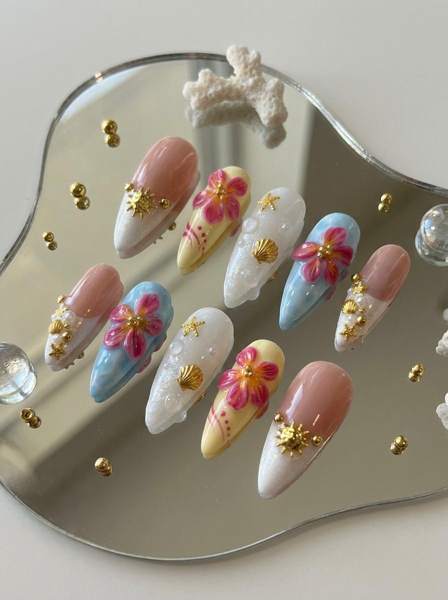 Tropical Hibiscus Press On Nails With Marbled Blue, Shells and Gold Starfish Details