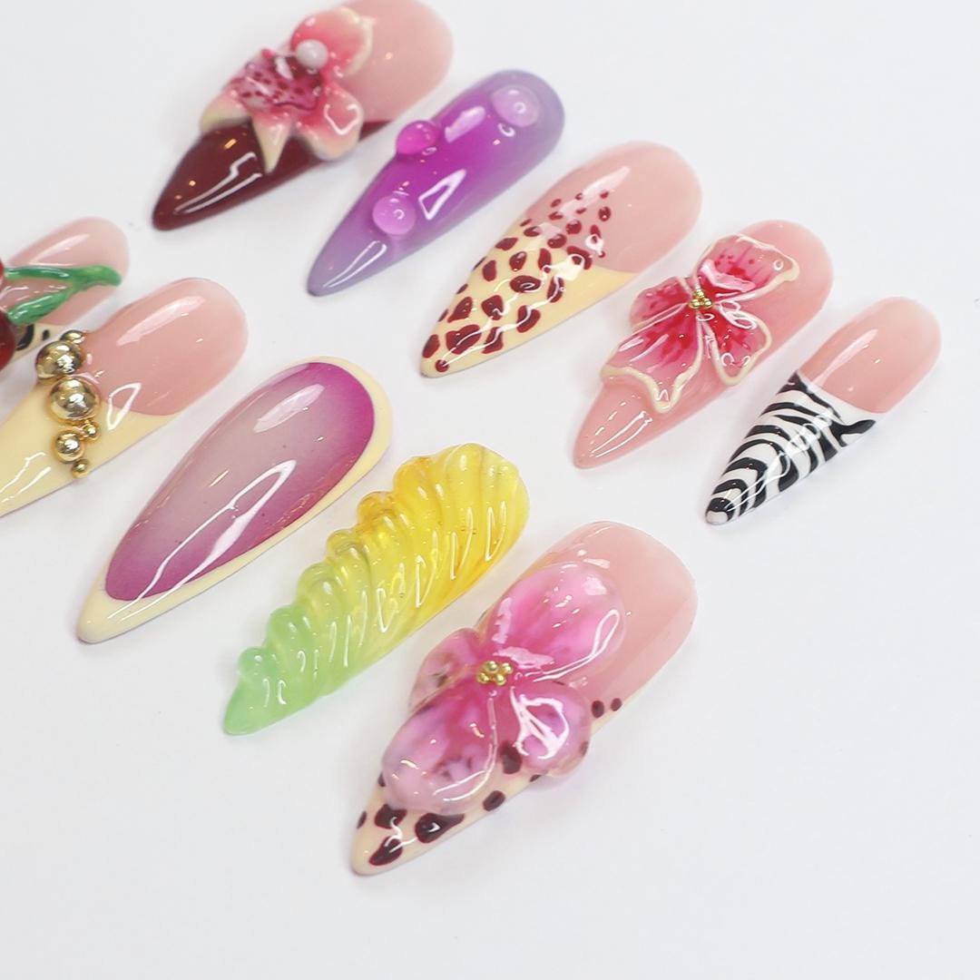 Tropical Leopard, Zebra, Floral and Cherry Press-On Nail Set
