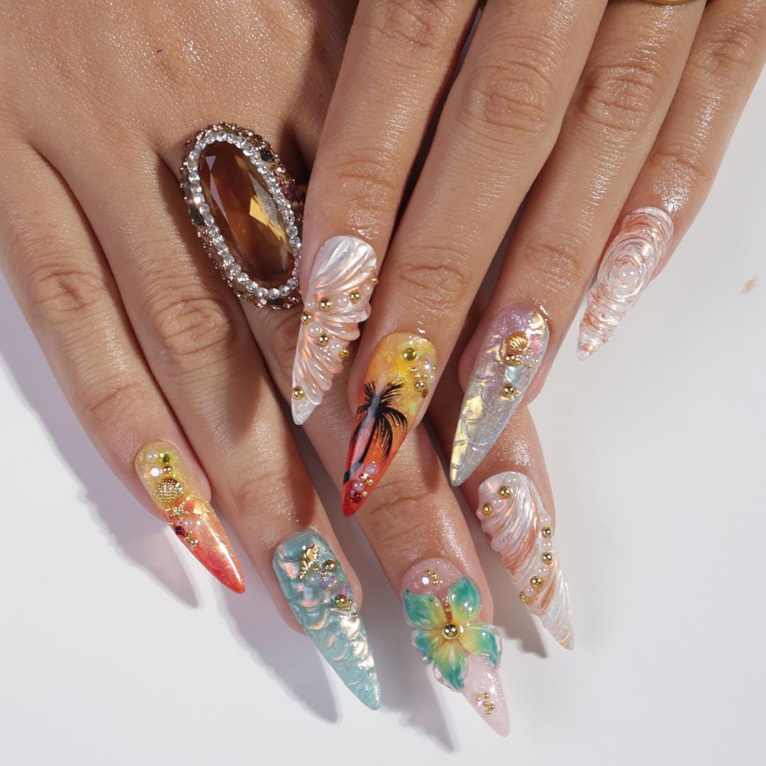 Tropical Mermaid and Palm Tree Ocean Nail Set