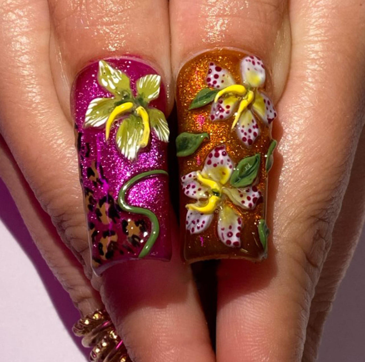 Tropical Orchid Press On Nails With Sculpted Vines, Leopard Print, and Glitter