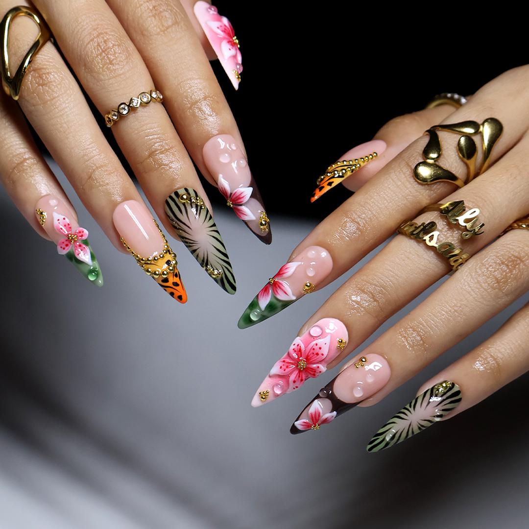 Tropical Safari Floral Press On Nails With Animal Print, Palm Leaves and Gold Details