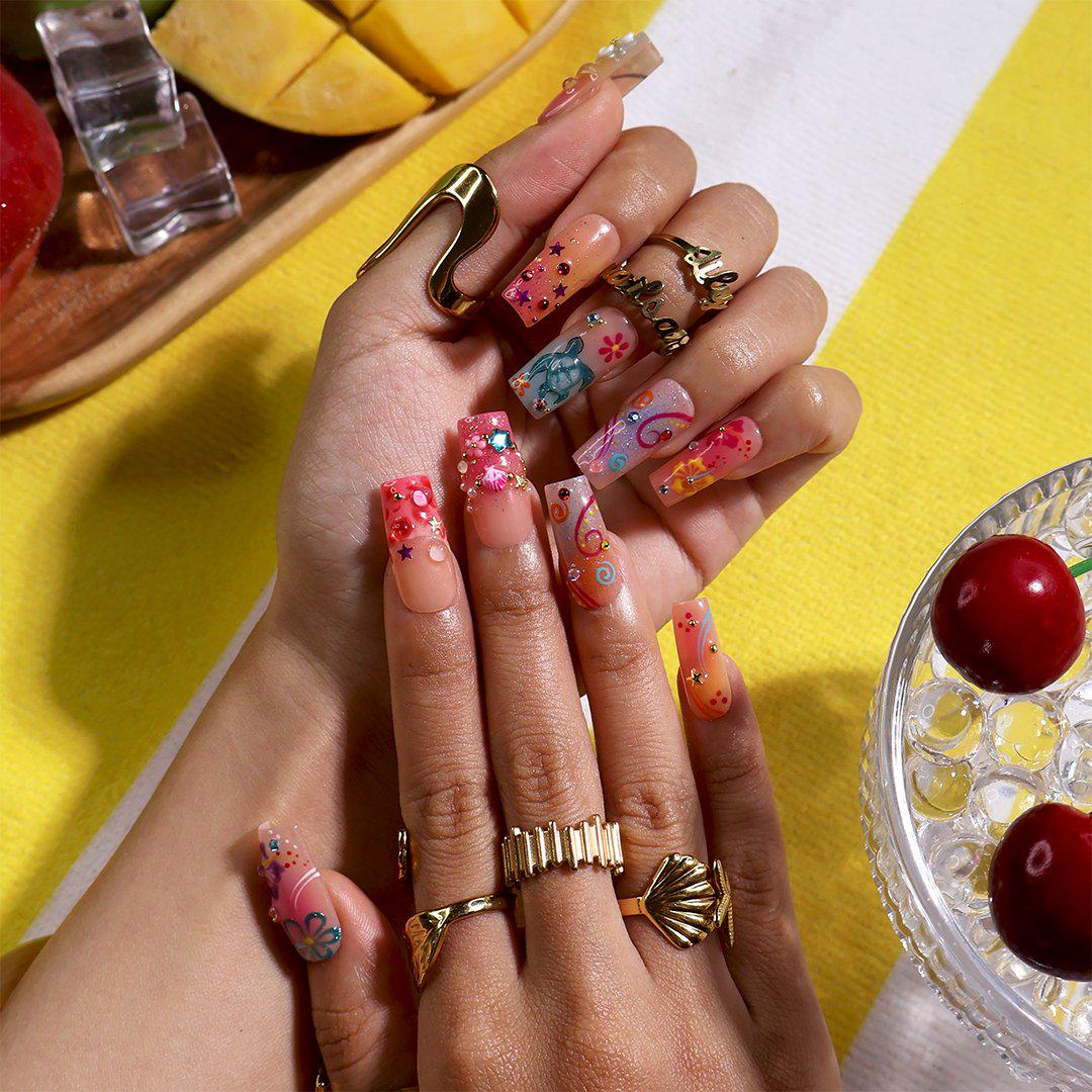 Tropical Sea Turtle Nail Set With Hibiscus, Palm Frond, Glitter and Rhinestones