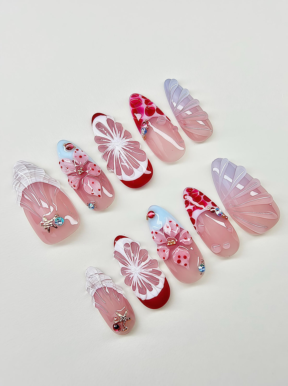 Tropical Shell and 3D Flower Press On Nails in Translucent Pink
