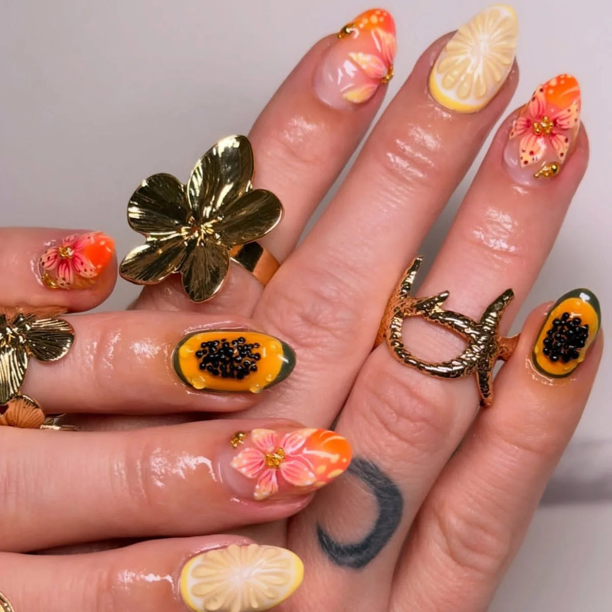 Tropical Summer Floral 3D Press-On Nails with Gold Accents