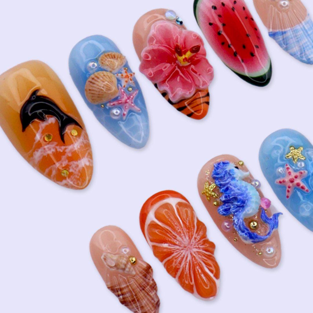 Tropical Summer Nail Set with 3D Seahorse, Hibiscus, Seashells and Fruit