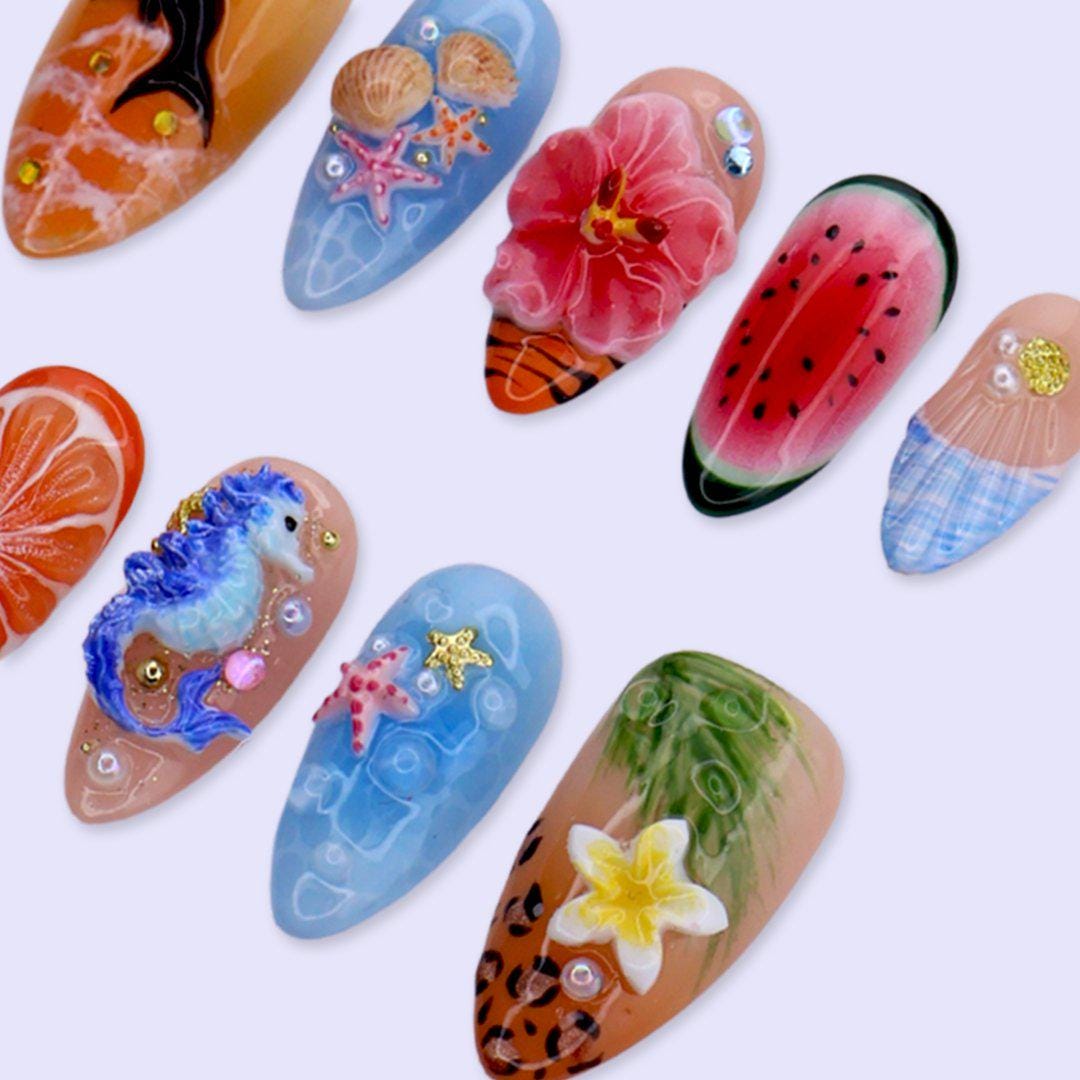 Tropical Summer Nail Set with 3D Seahorse, Hibiscus, Seashells and Fruit