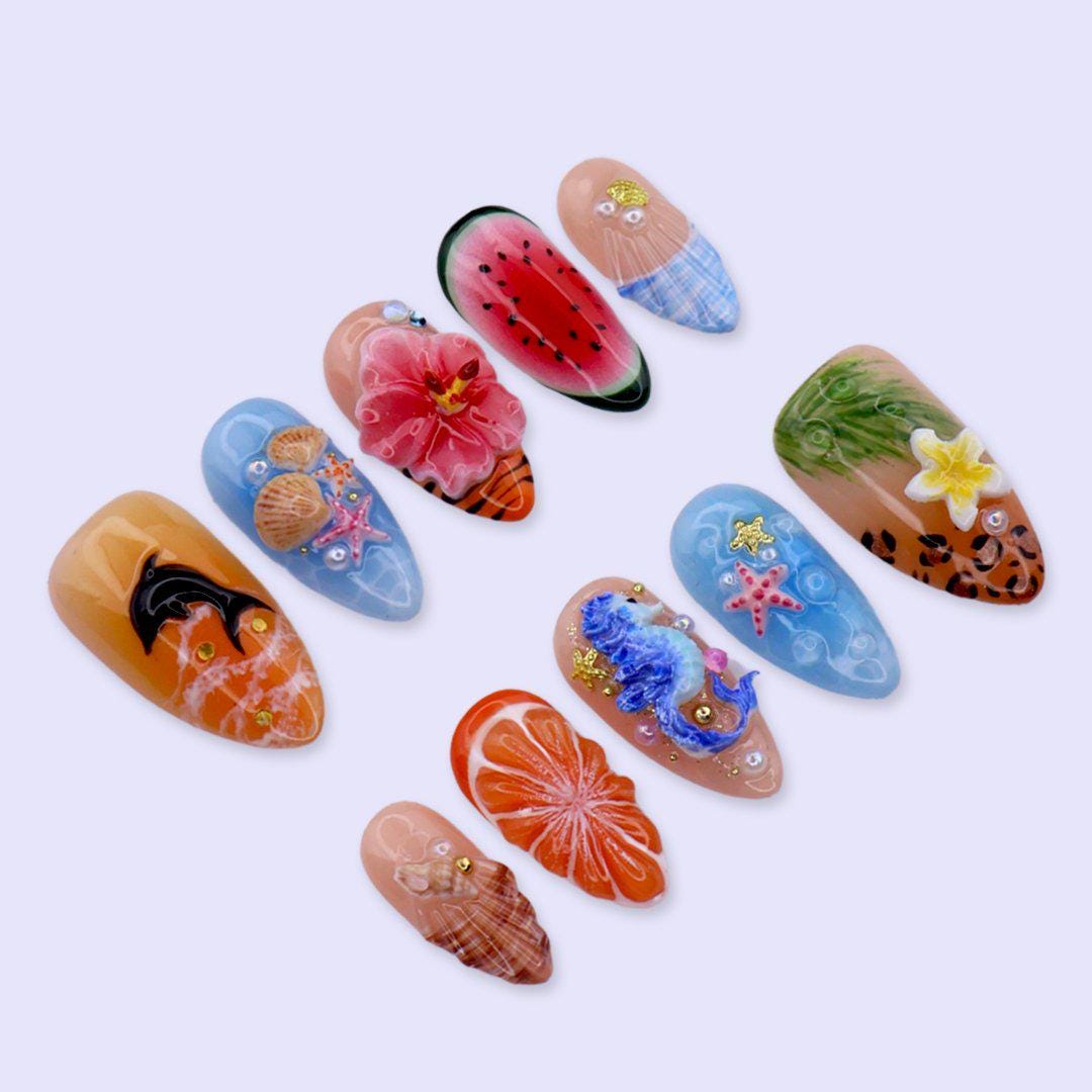Tropical Summer Nail Set with 3D Seahorse, Hibiscus, Seashells and Fruit