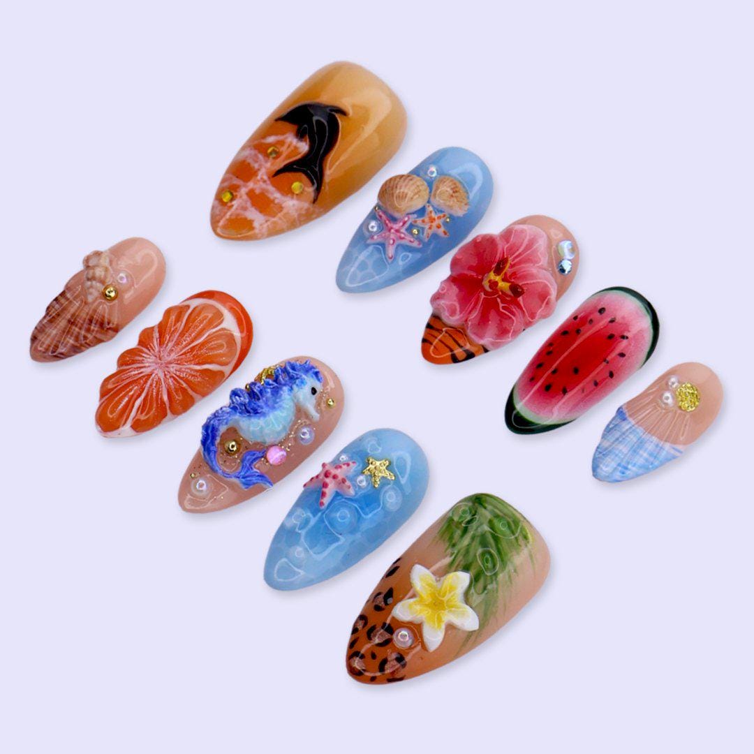Tropical Summer Nail Set with 3D Seahorse, Hibiscus, Seashells and Fruit