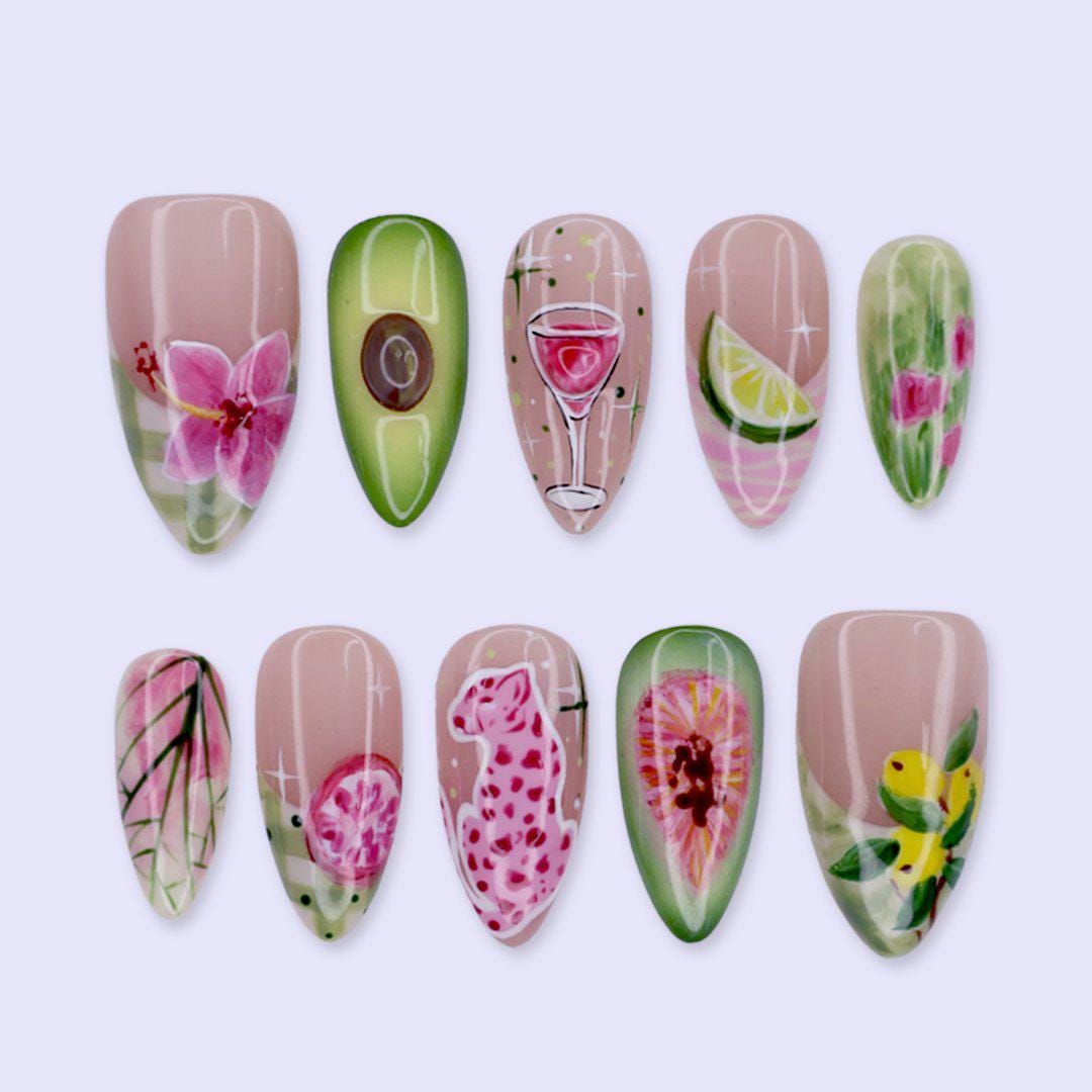 Tropical Summer Vacation Fruit and Floral Press On Nails With Avocado, Citrus and Pink Leopard Art