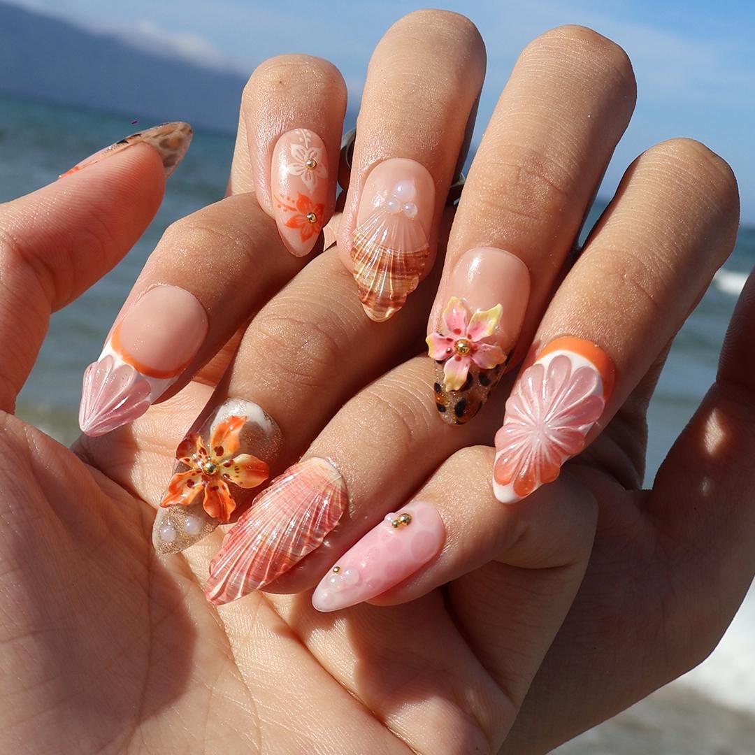 Tropical Sunset Press On Nails with Shells, Orange Flowers, Leopard Print and Starfish