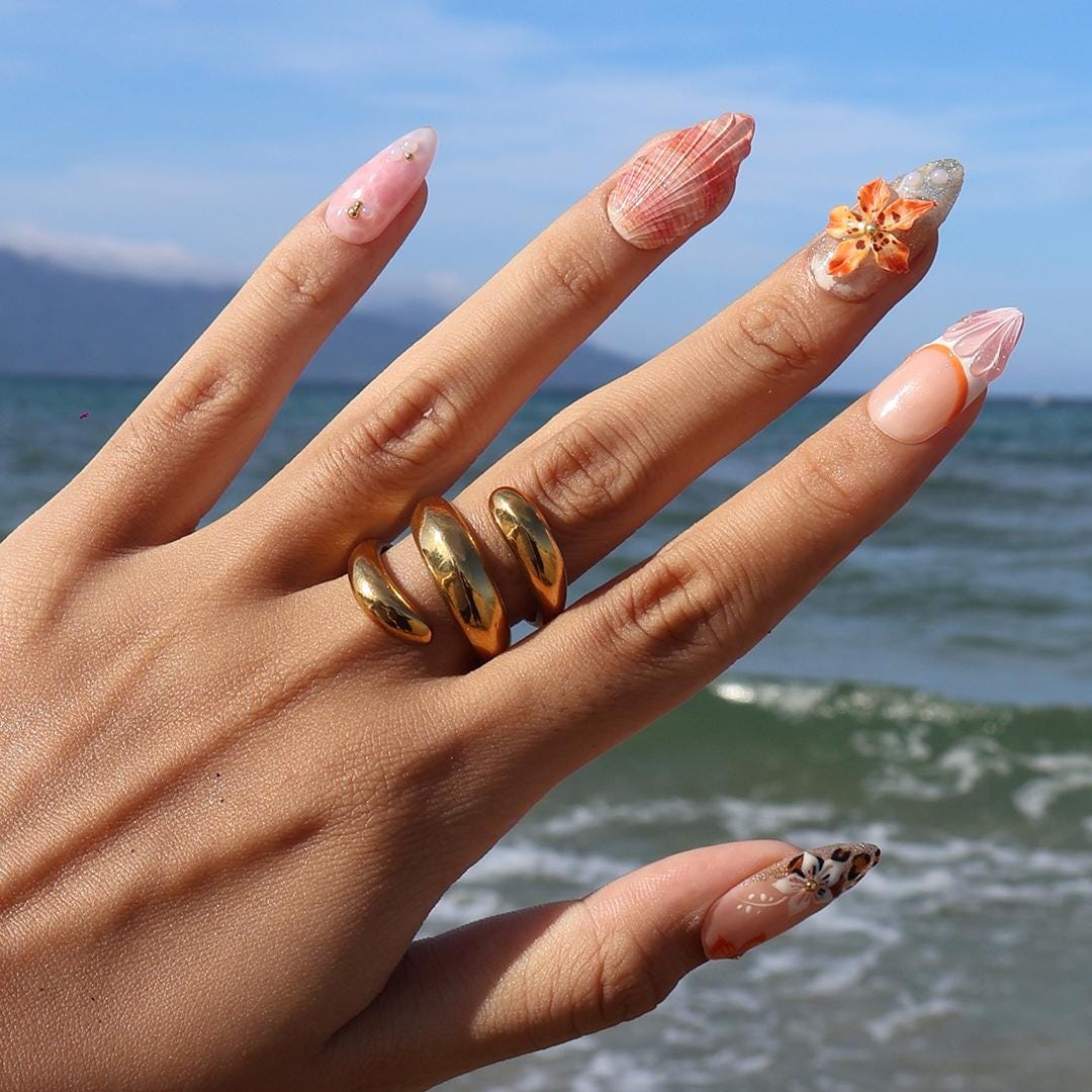 Tropical Sunset Press On Nails with Shells, Orange Flowers, Leopard Print and Starfish