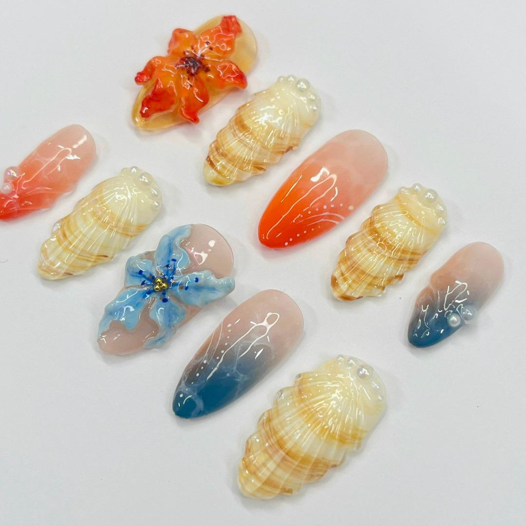 Tropical Sunset Shell and 3D Flower Press On Nails