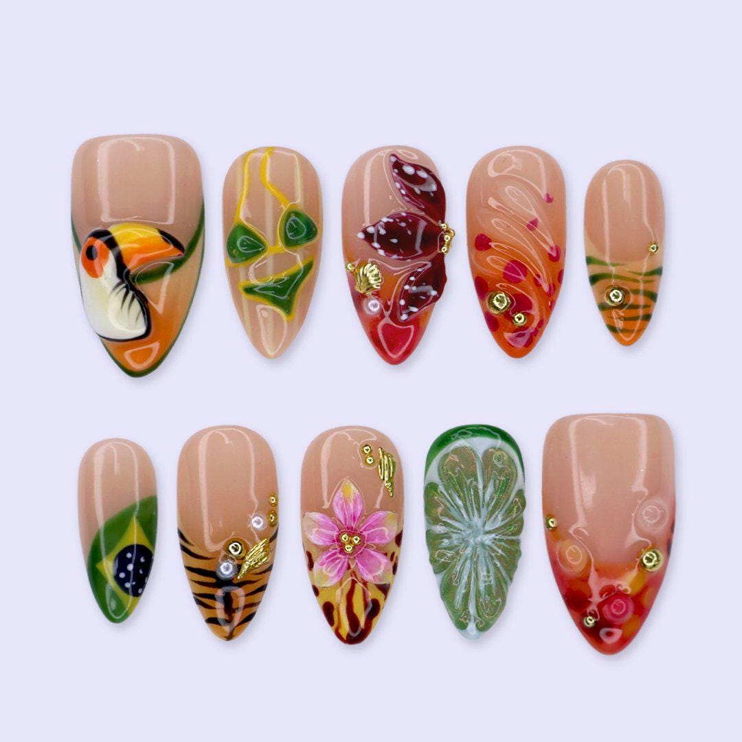 Tropical Toucan and Lime Press On Nails with Floral and Leaf Art