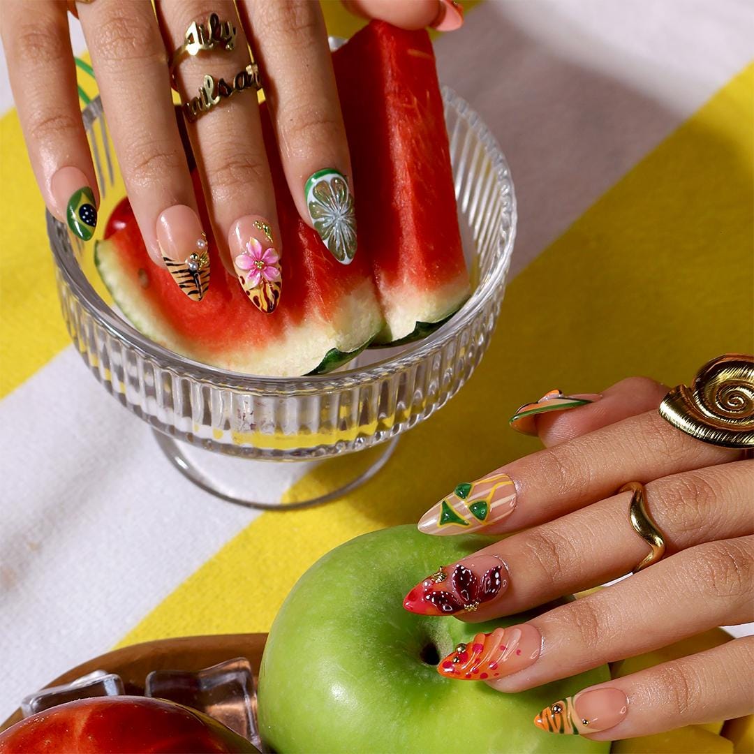 Tropical Toucan and Lime Press On Nails with Floral and Leaf Art