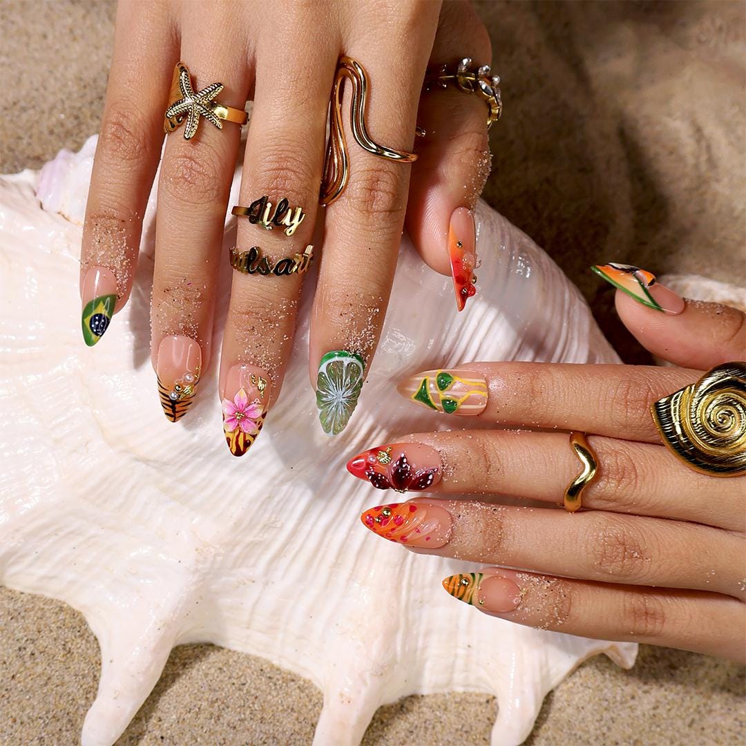 Tropical Toucan and Lime Press On Nails with Floral and Leaf Art