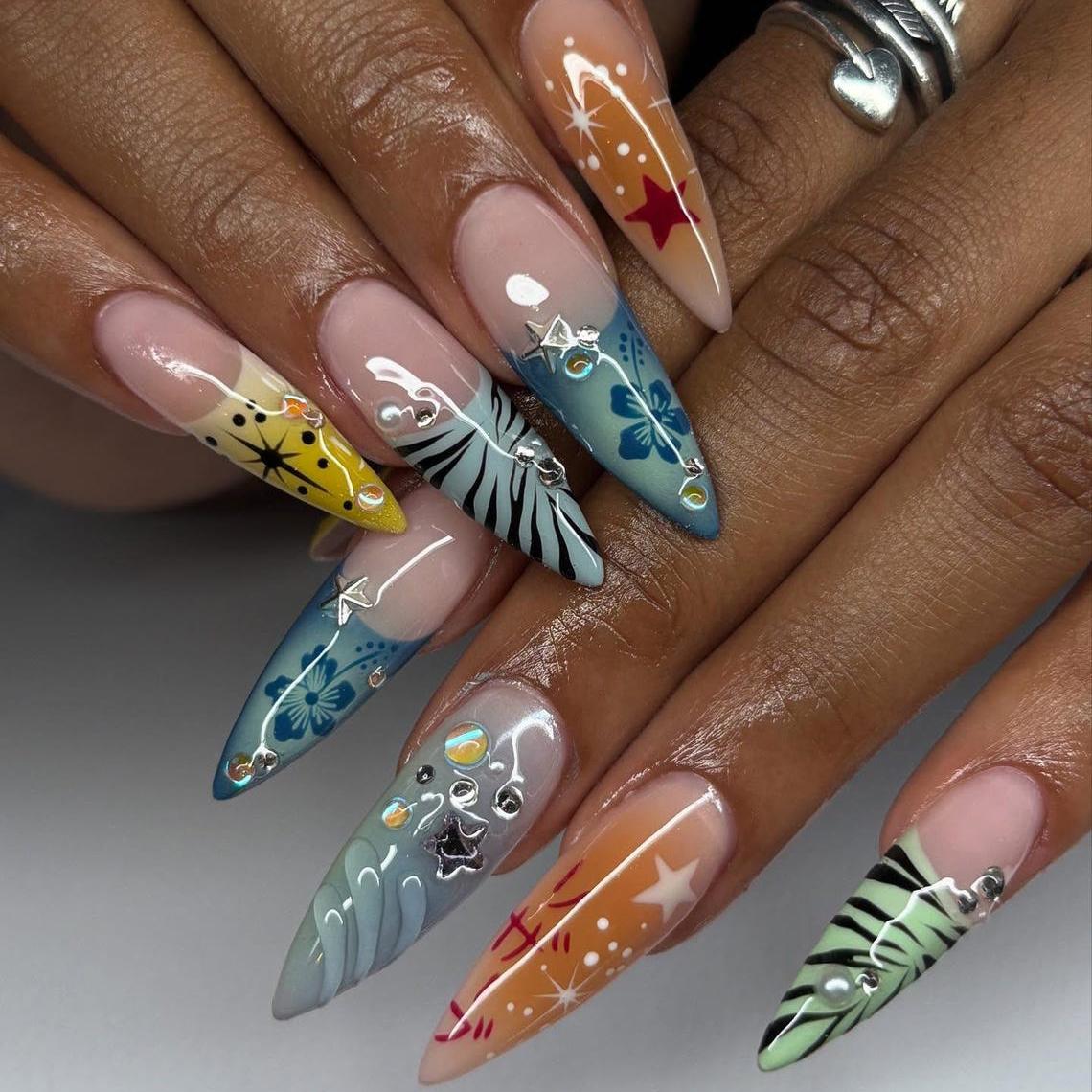 Tropical Y2K Mixed-Print Star, Floral & Zebra Press On Nails