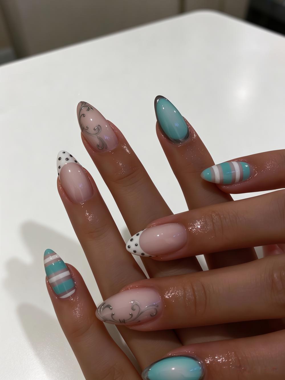 Turquoise and Gray Swirl French Tip Nails with Polka Dots