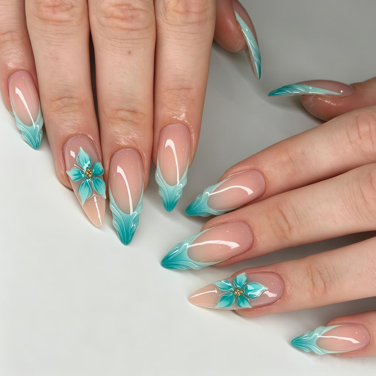 Turquoise and White Floral French Tip Press On Nails