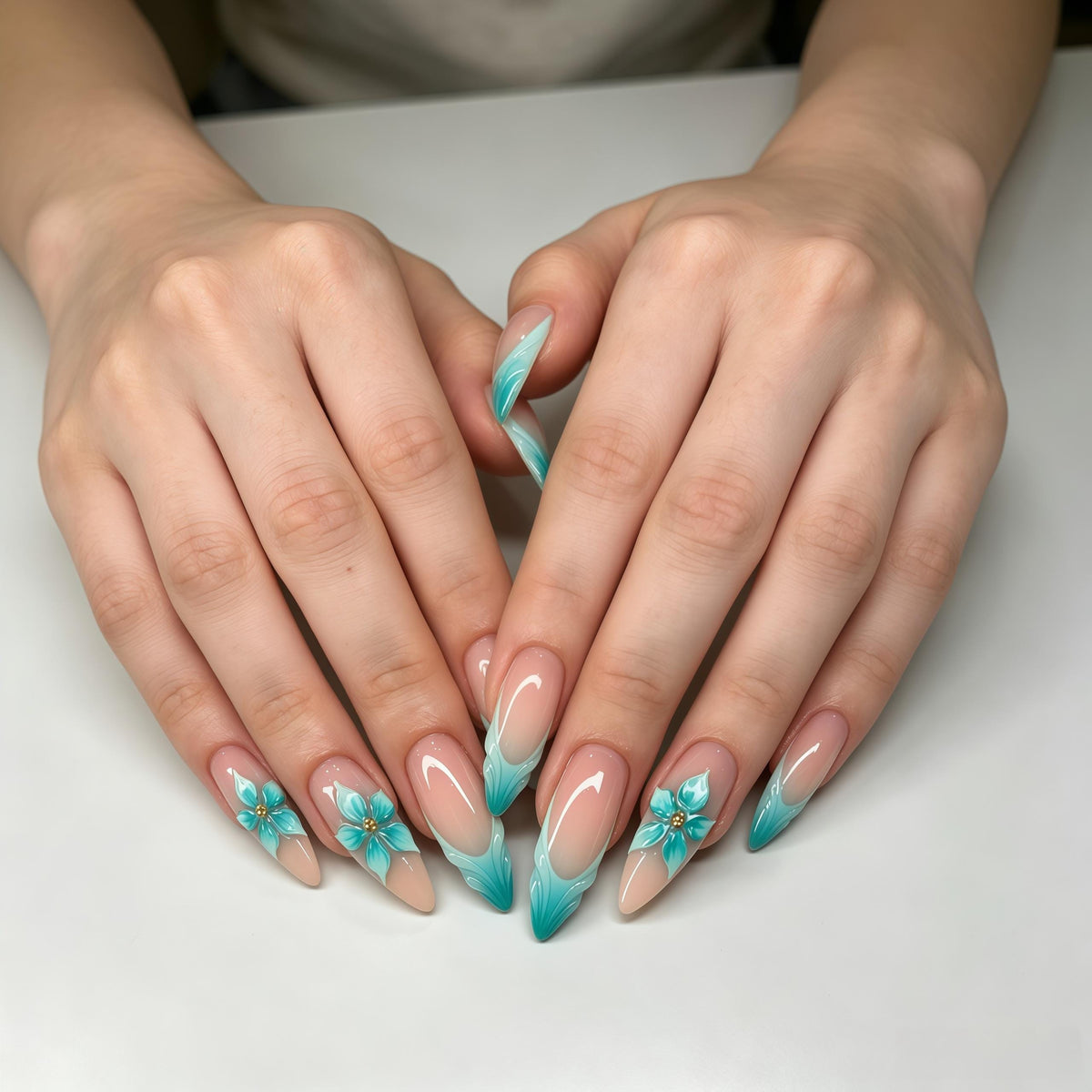 Turquoise and White Floral French Tip Press On Nails