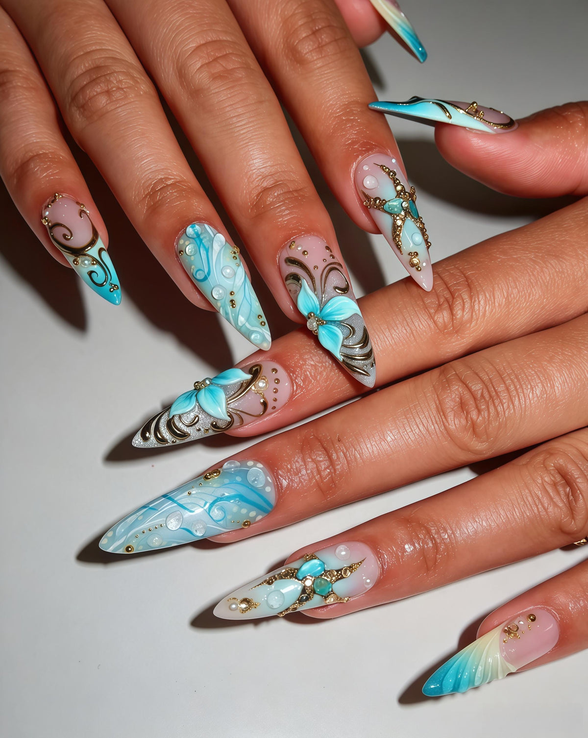 Turquoise Blue 3D Floral Nails with Gold Scrollwork and Rhinestones