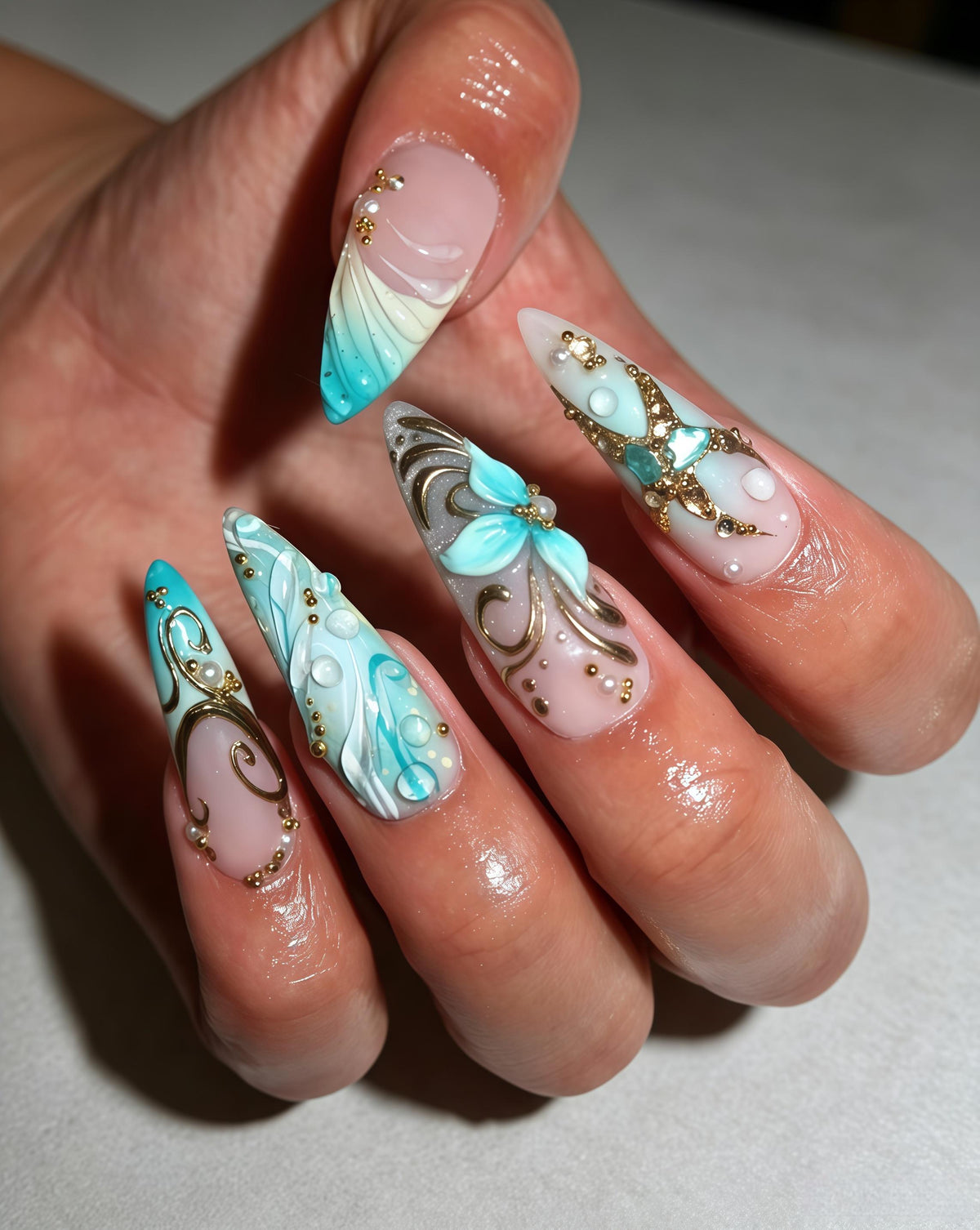 Turquoise Blue 3D Floral Nails with Gold Scrollwork and Rhinestones