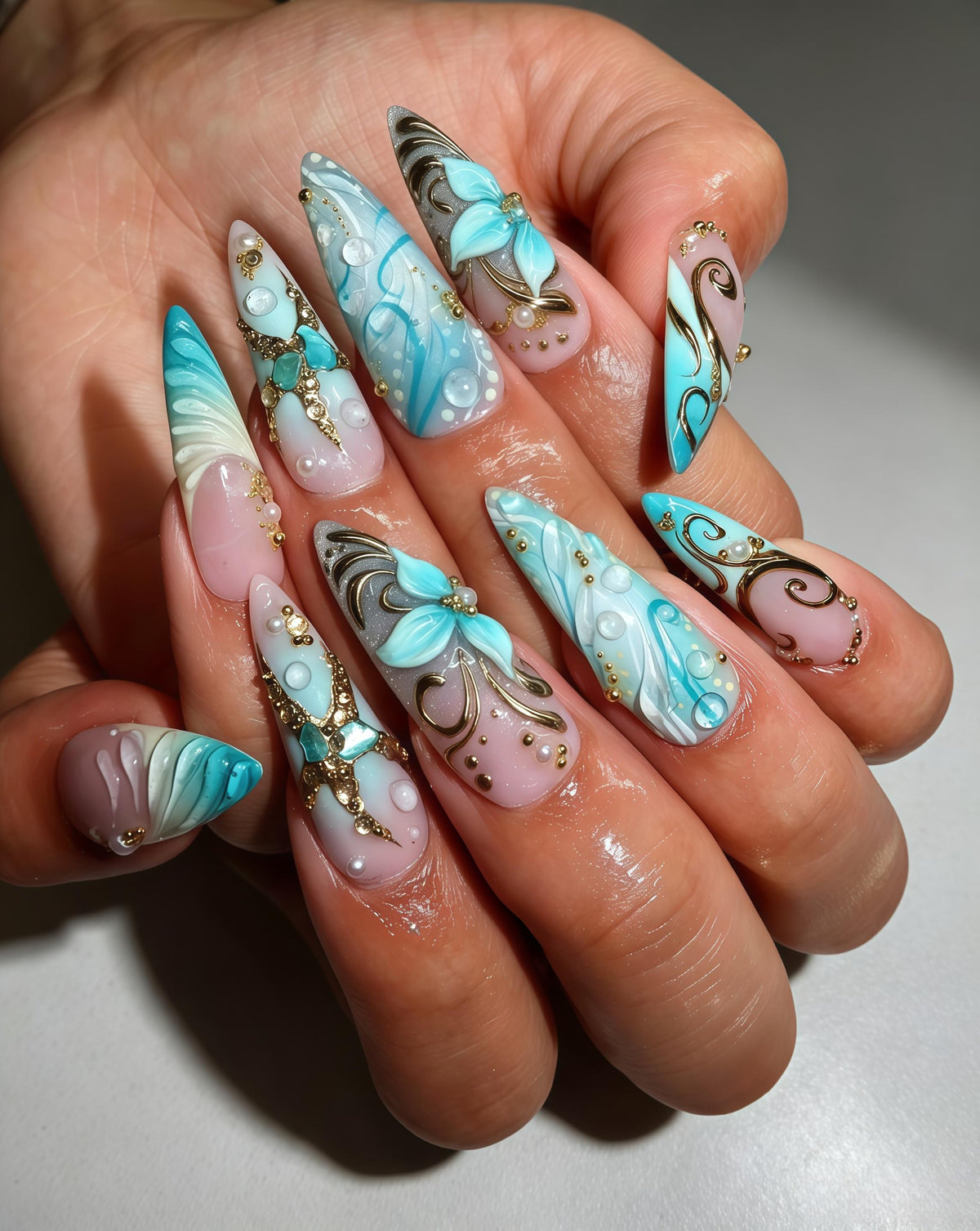 Turquoise Blue 3D Floral Nails with Gold Scrollwork and Rhinestones