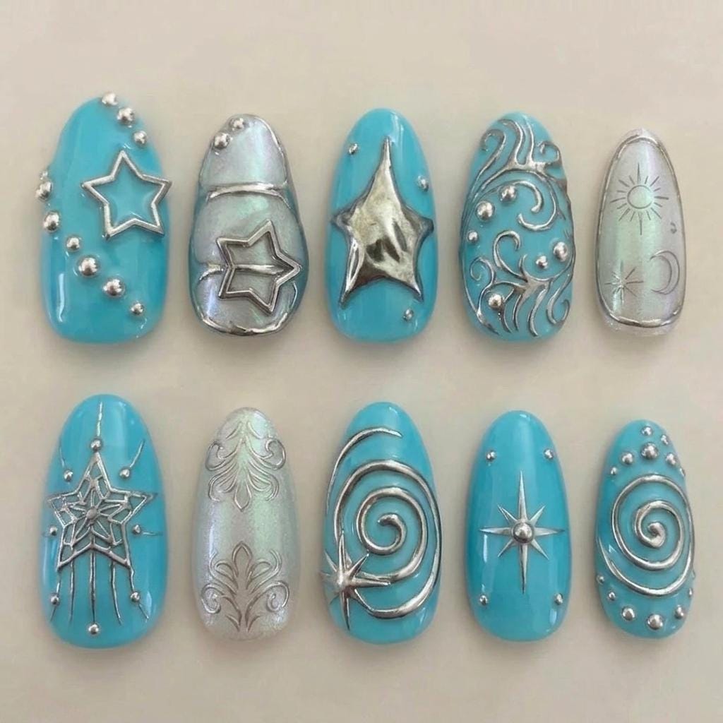 Turquoise Blue and Pearlescent Silver Celestial Chrome Nail Set