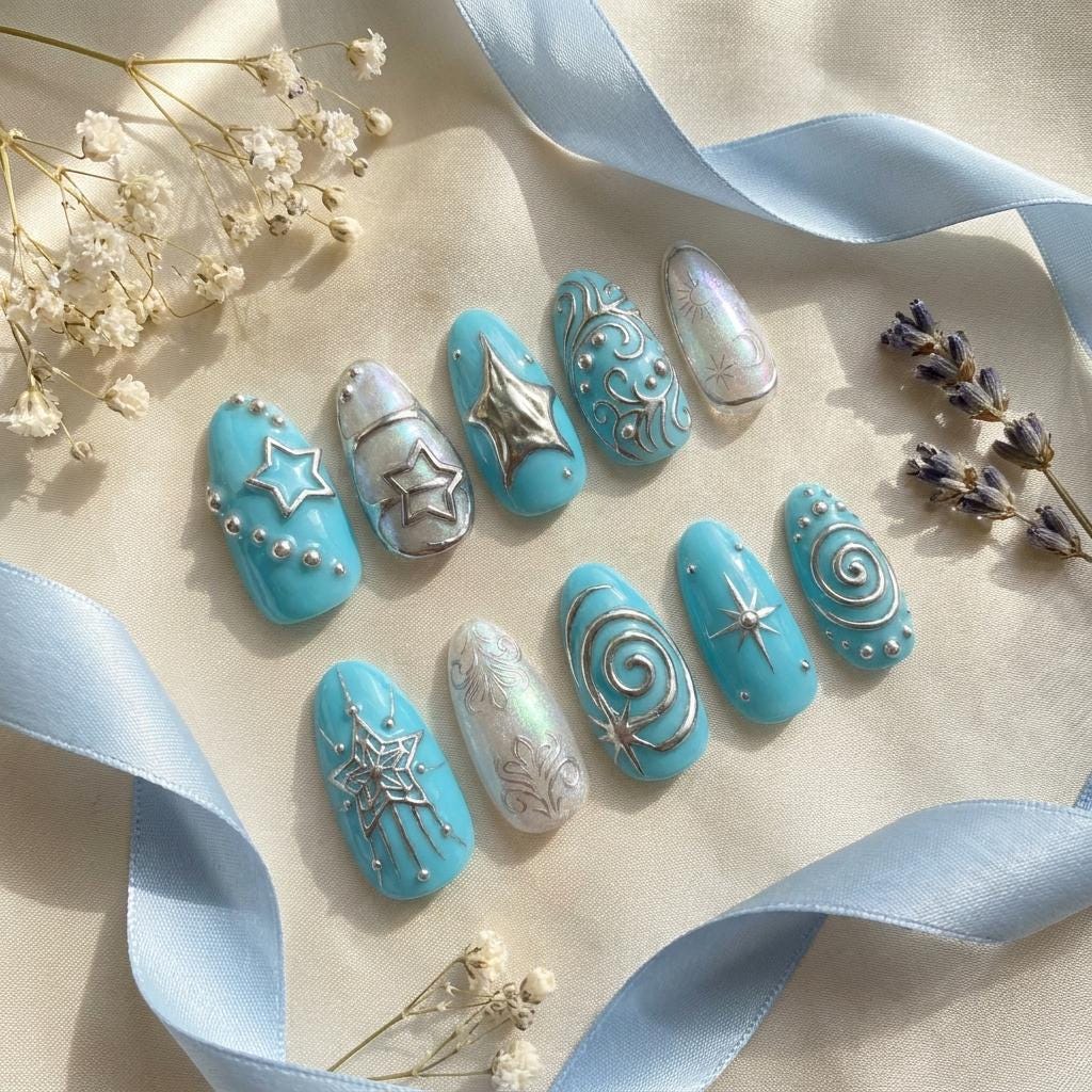 Turquoise Blue and Pearlescent Silver Celestial Chrome Nail Set