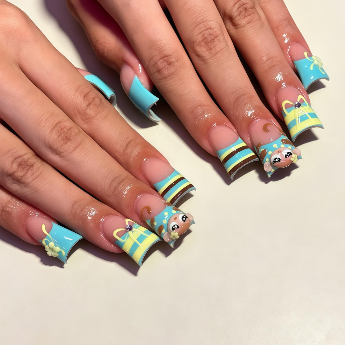 Turquoise Blue and Yellow Mouse Face Press On Nails With Stripes and Bows