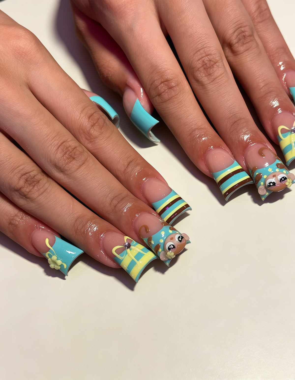 Turquoise Blue and Yellow Mouse Face Press On Nails With Stripes and Bows