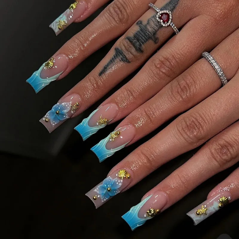 Turquoise Blue French Tip Press On Nails with 3D Flowers and Gold Details