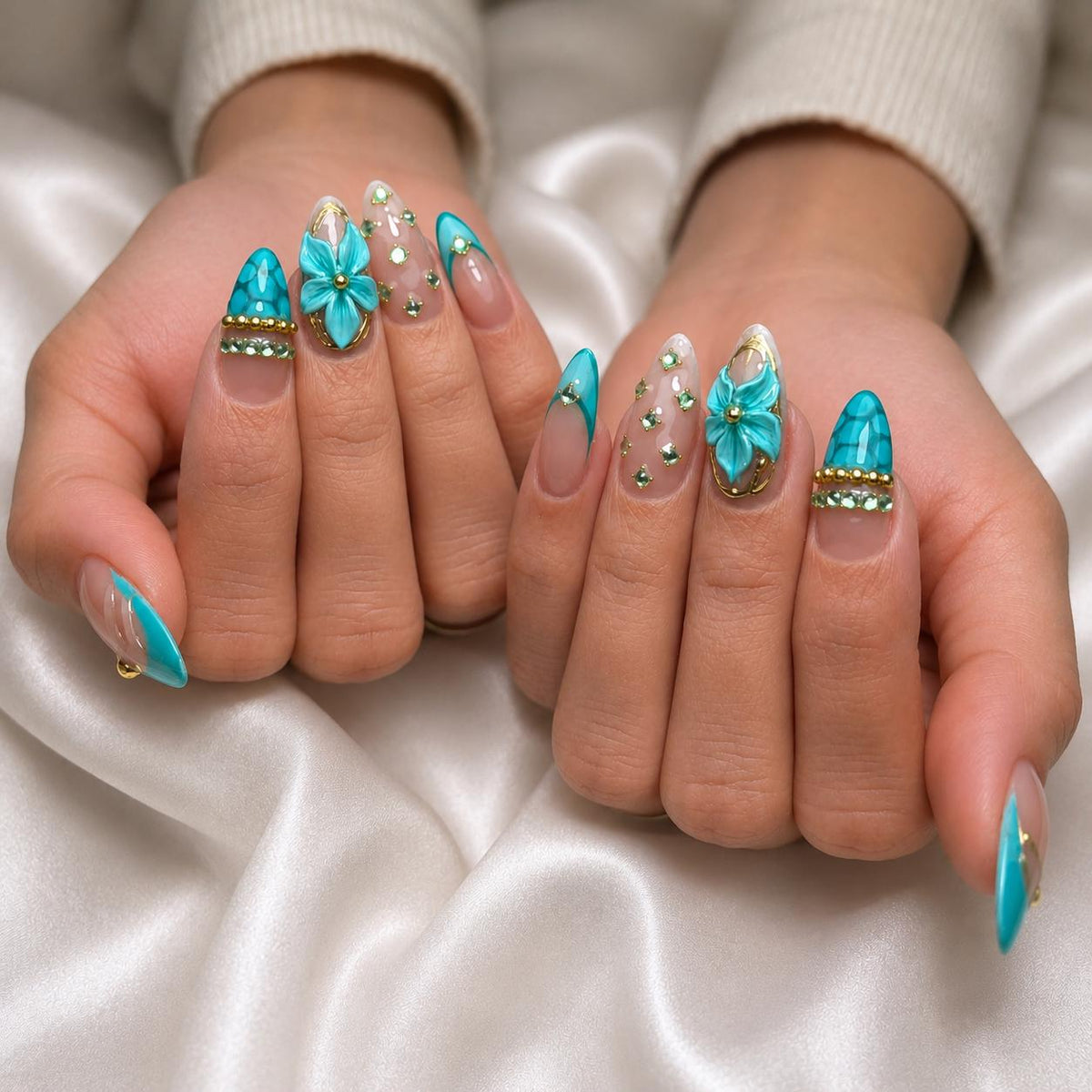 Turquoise Floral Press On Nails With 3D Flowers and Gold Details