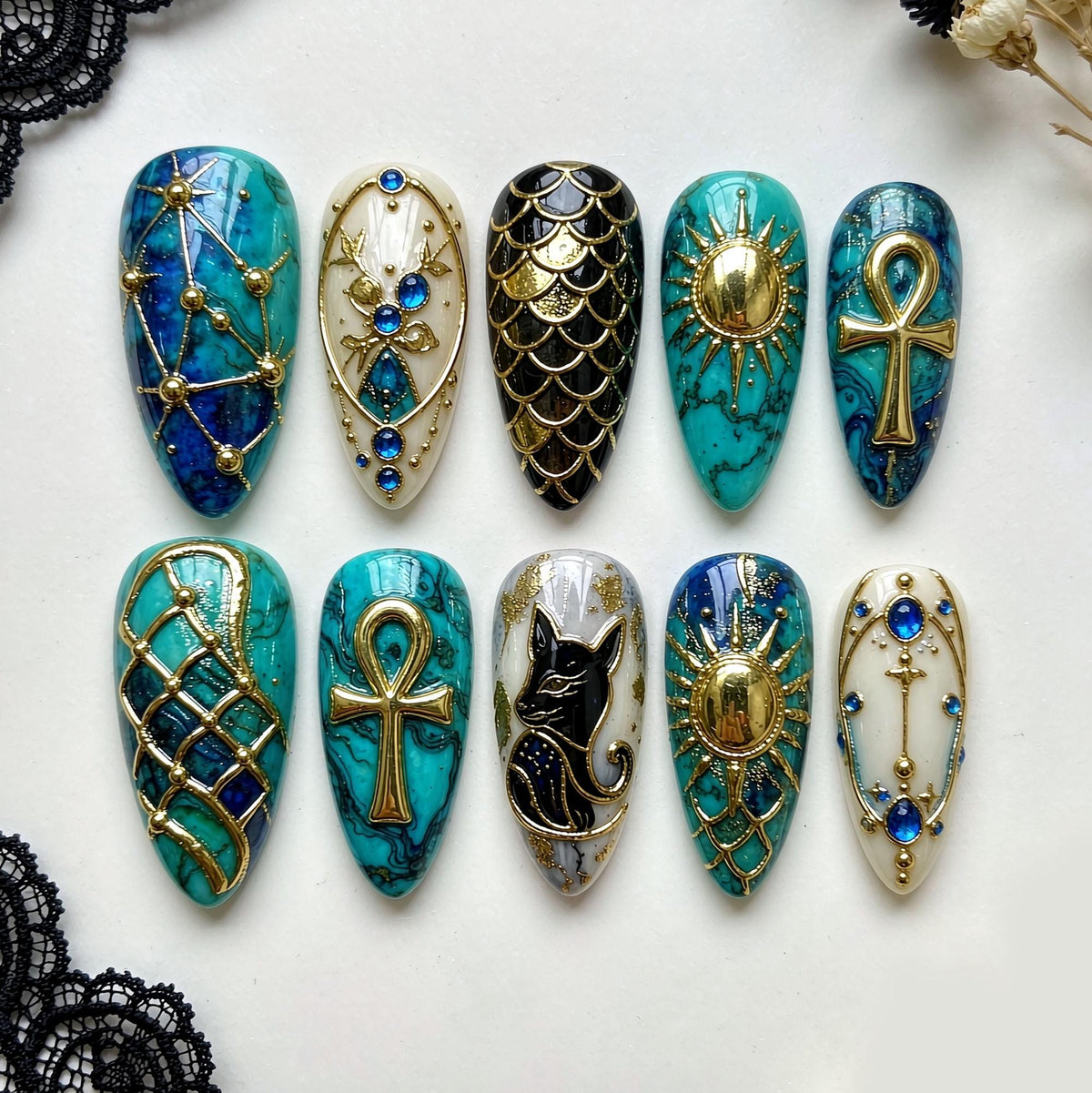 Turquoise Marble Egyptian Nail Set With Gold Ankhs, Scarabs and Blue Stones