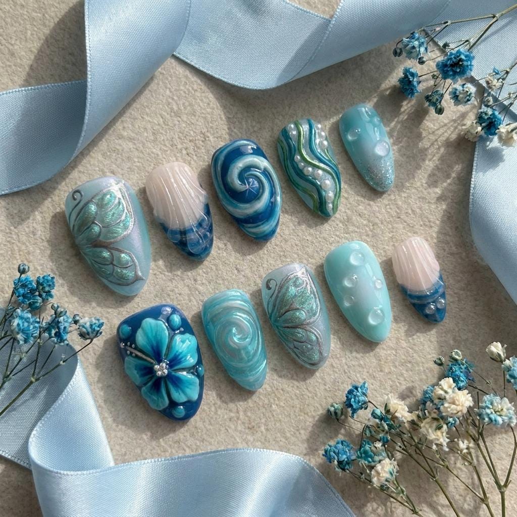 Turquoise Ocean Wave Press-On Nails With Sculpted Shell Details and Blue Flower