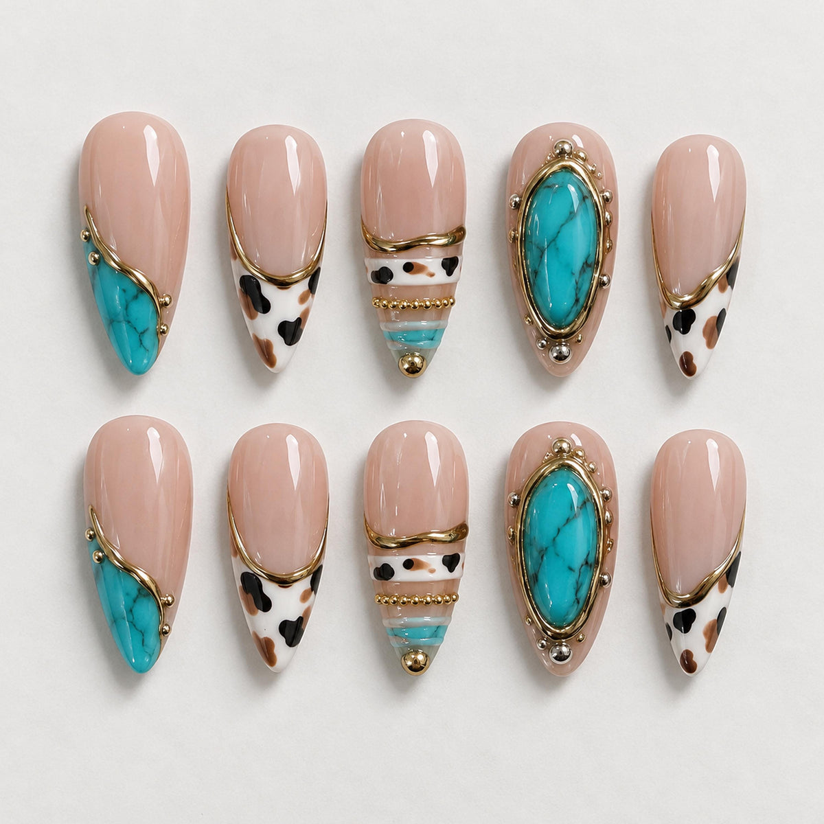 Turquoise Stone and Cow Print French Tip Western Coastal Cowgirl Press-On Nails with Gold Accents