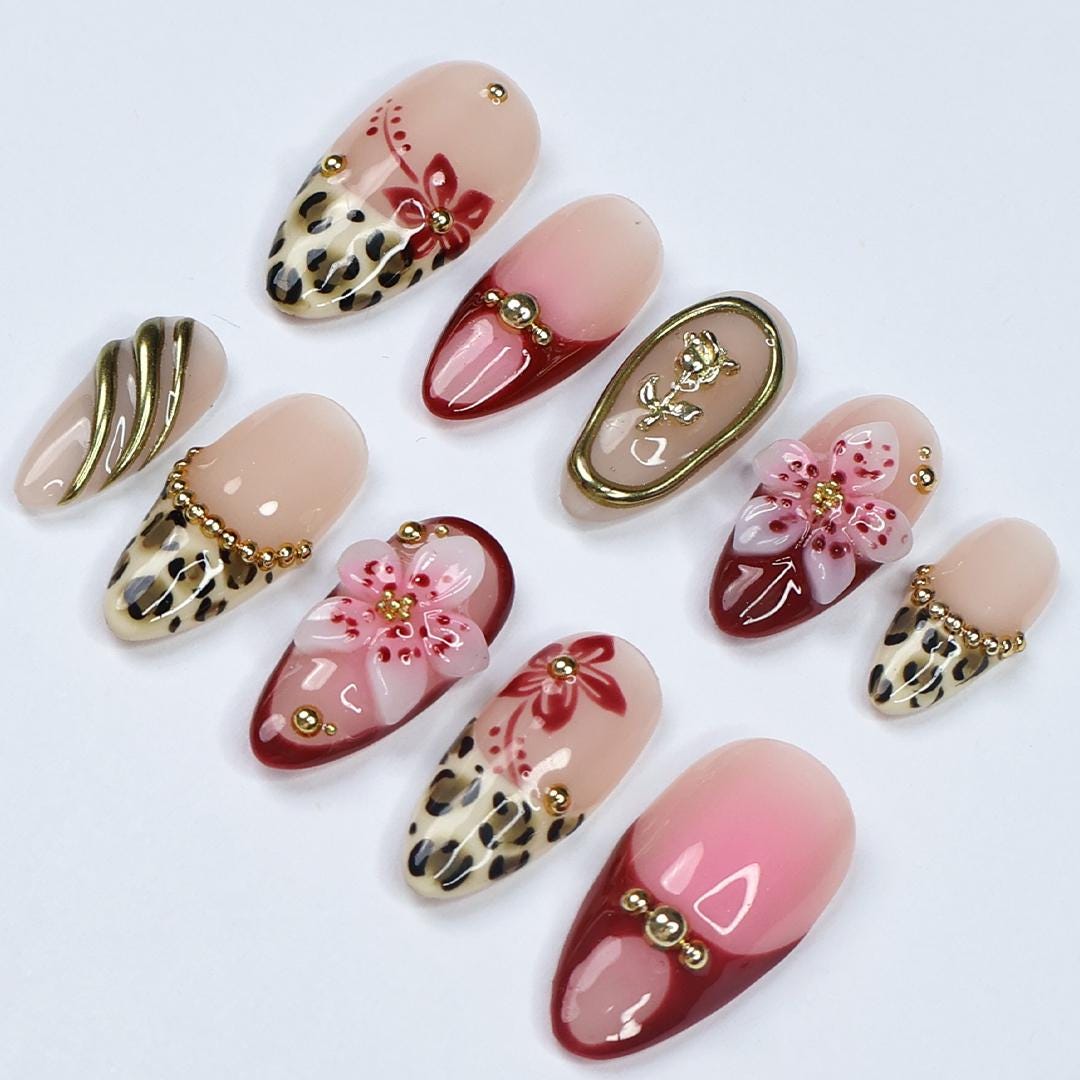 Vacation Leopard Print Press On Nails with Burgundy Tips, 3D Flowers and Gold Details