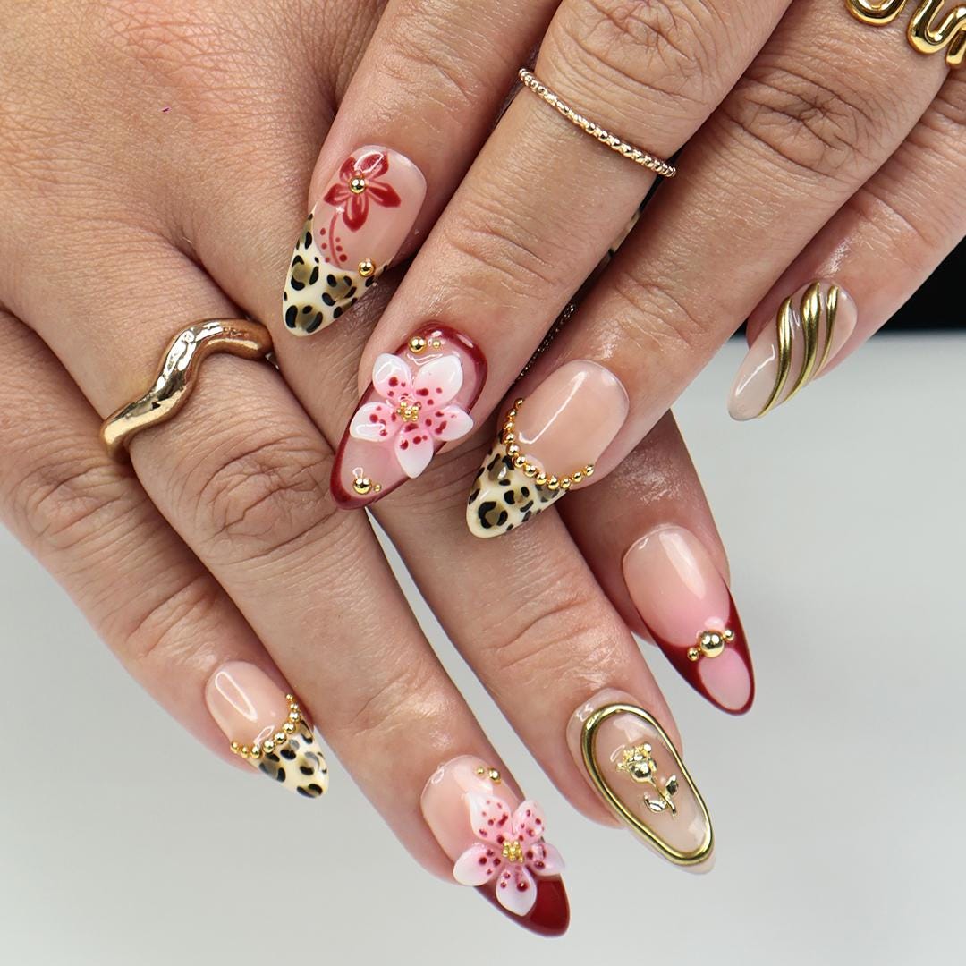 Vacation Leopard Print Press On Nails with Burgundy Tips, 3D Flowers and Gold Details