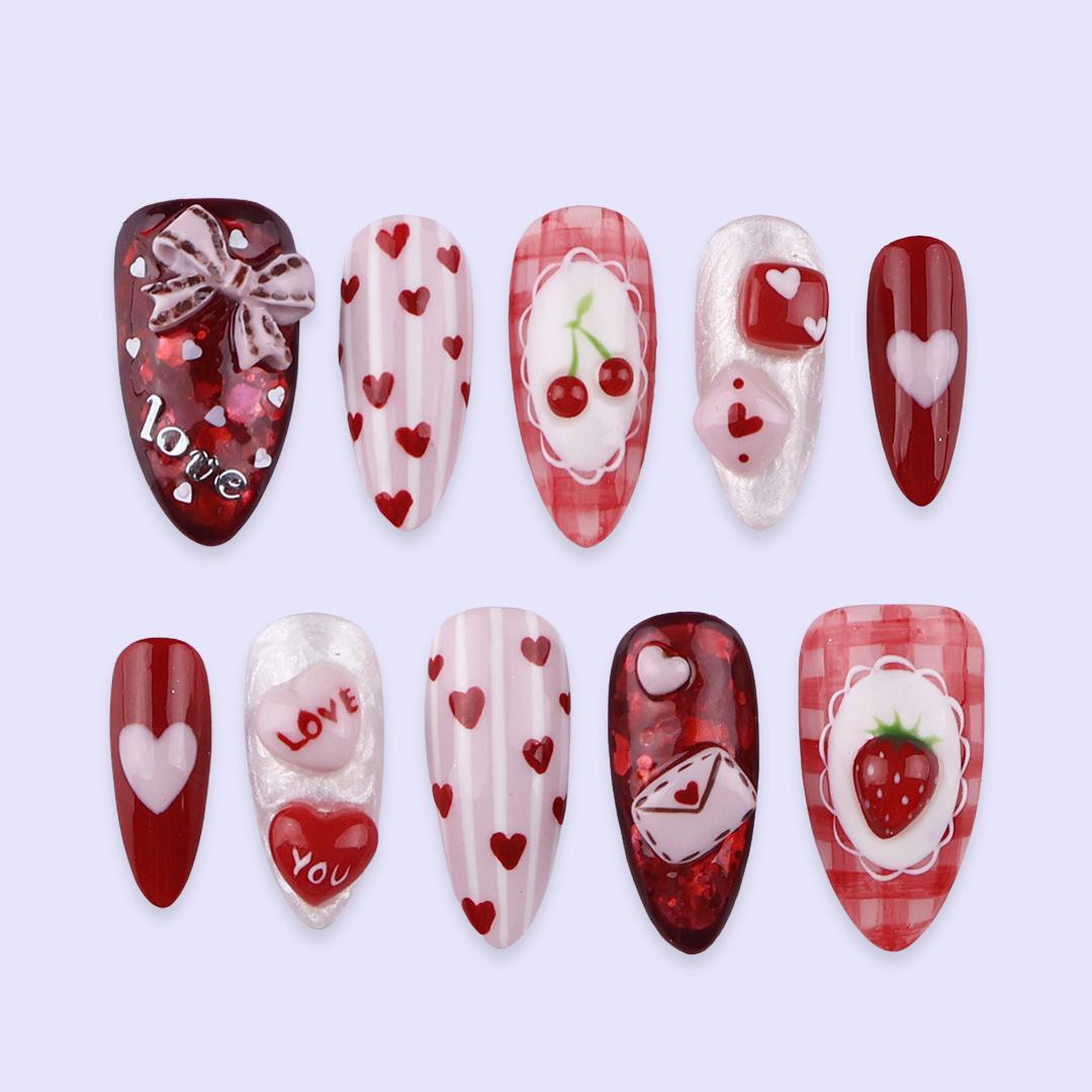 Valentine Heart, Cherry, and Love Letter Press On Nails