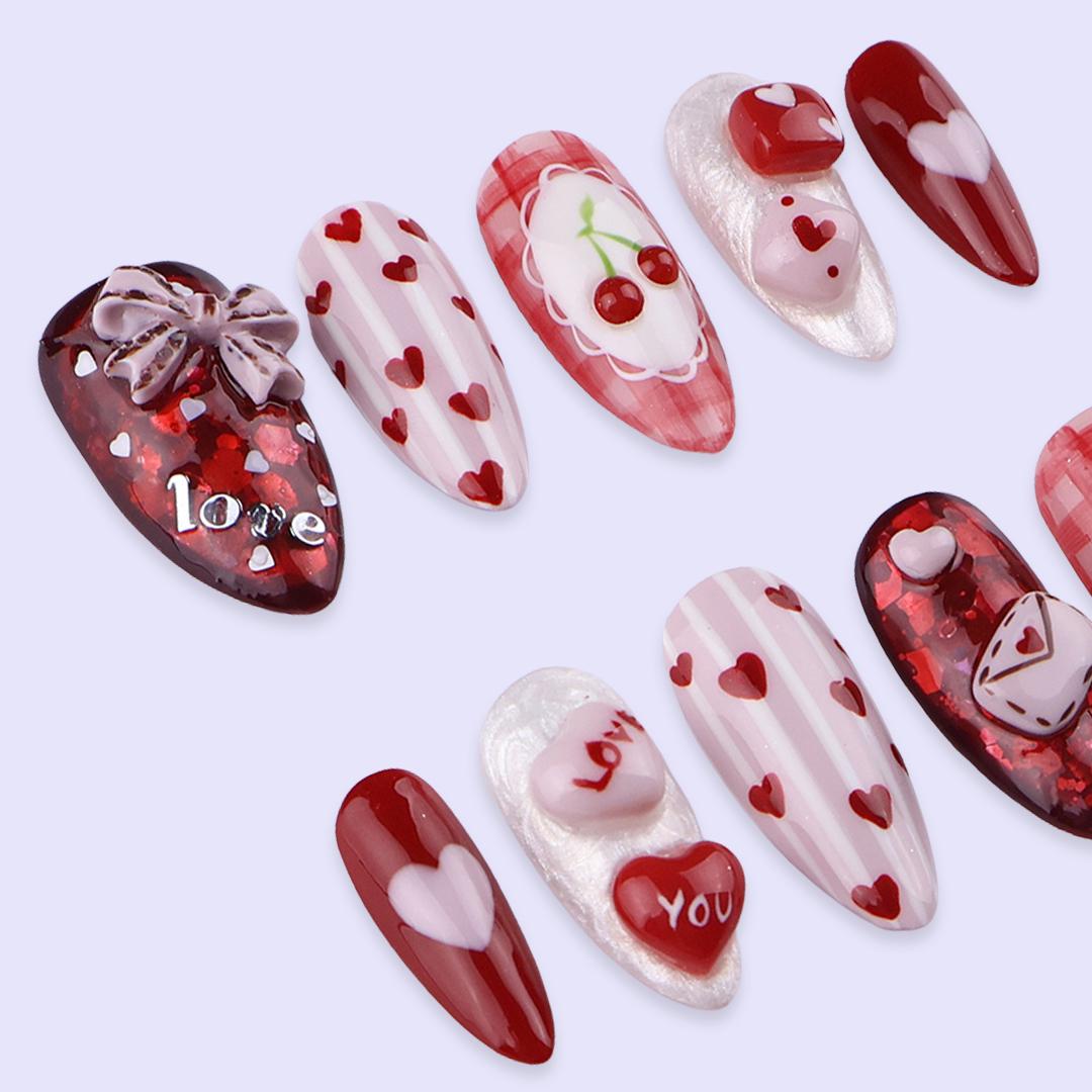 Valentine Heart, Cherry, and Love Letter Press On Nails