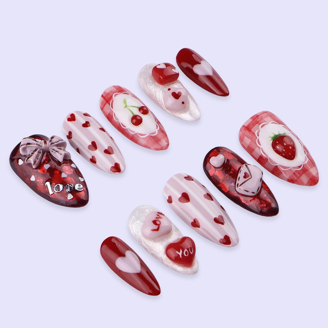 Valentine Heart, Cherry, and Love Letter Press On Nails