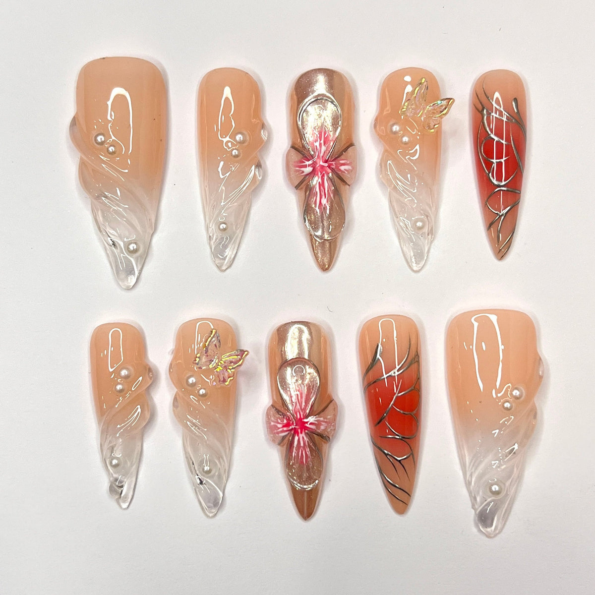 Valentine Nude Peach 3D Flower, Butterfly Charm & Red Web Nail Set