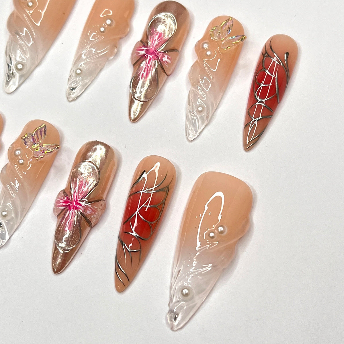 Valentine Nude Peach 3D Flower, Butterfly Charm & Red Web Nail Set