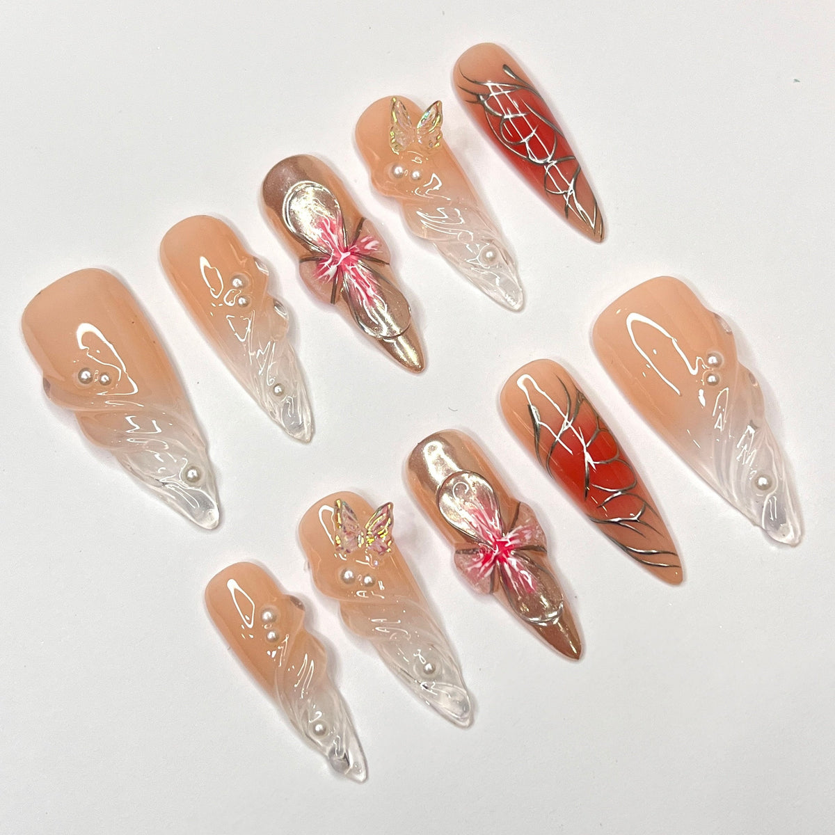 Valentine Nude Peach 3D Flower, Butterfly Charm & Red Web Nail Set