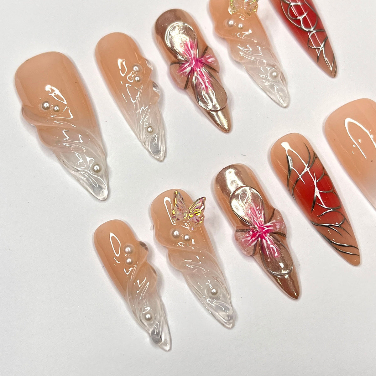 Valentine Nude Peach 3D Flower, Butterfly Charm & Red Web Nail Set