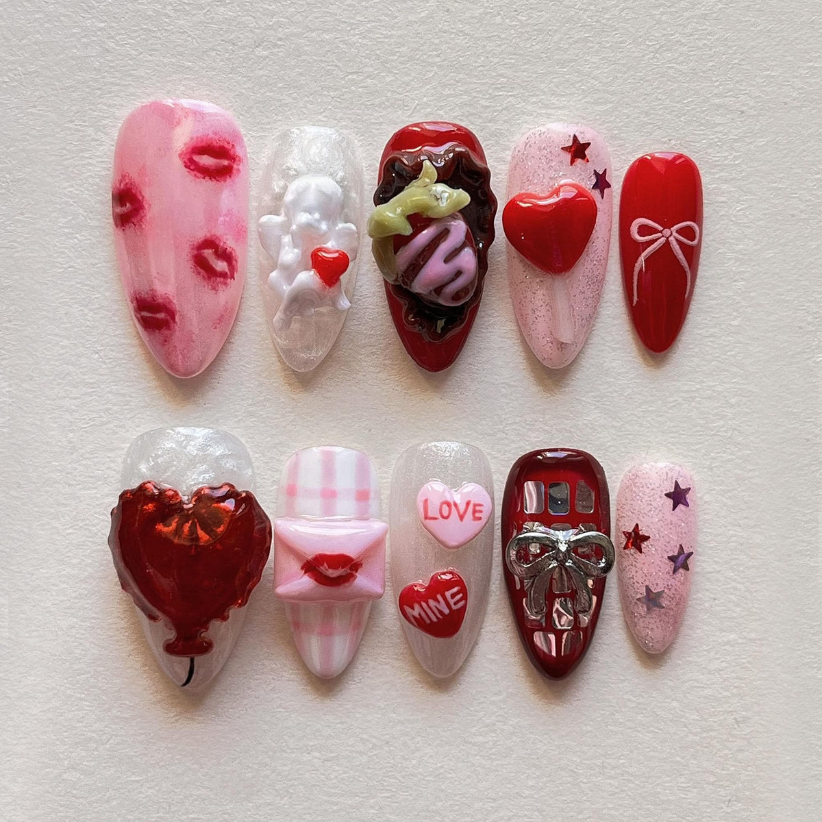 Valentine Press On Nails With 3D Hearts, Kiss Prints, Love Lettering & Bow