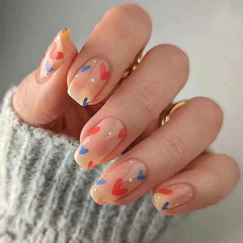 Valentine's Day Sheer Nude Pink Heart Doodle Press On Nails
