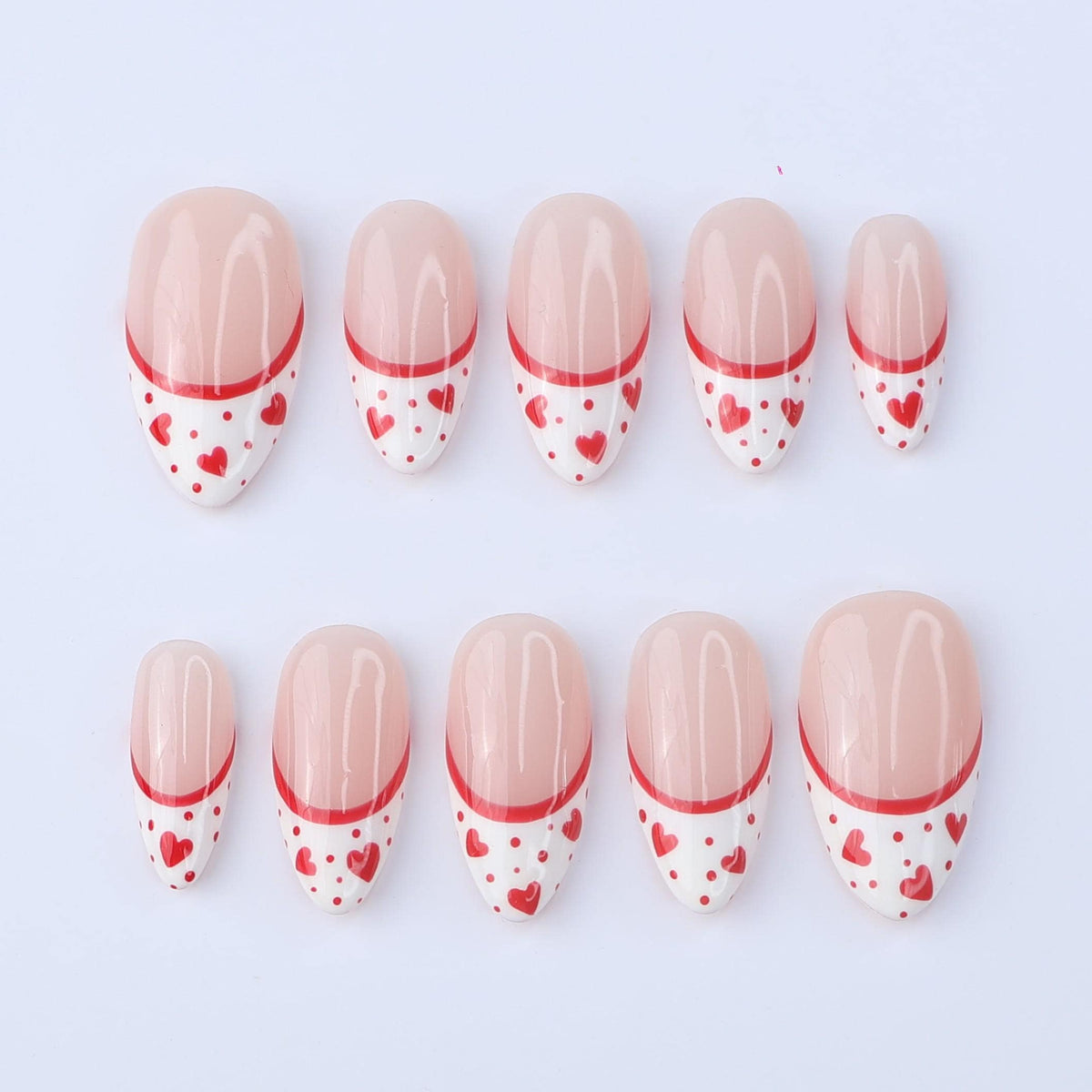 Valentine Sheer Nude Pink French Tip Nails With Red Hearts and Dots