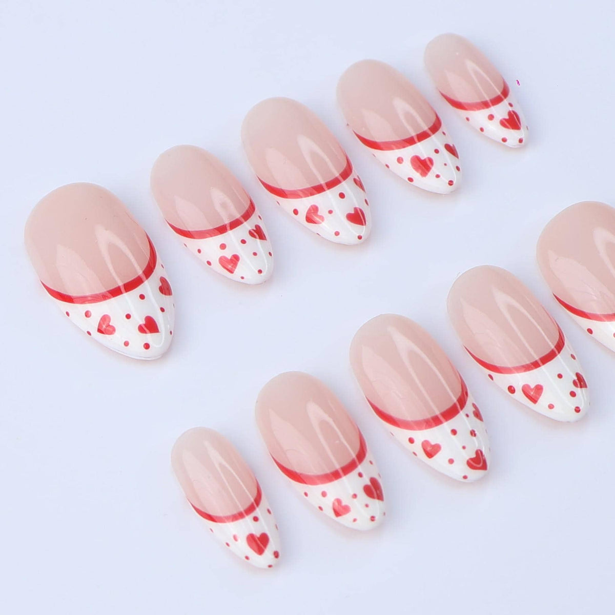 Valentine Sheer Nude Pink French Tip Nails With Red Hearts and Dots